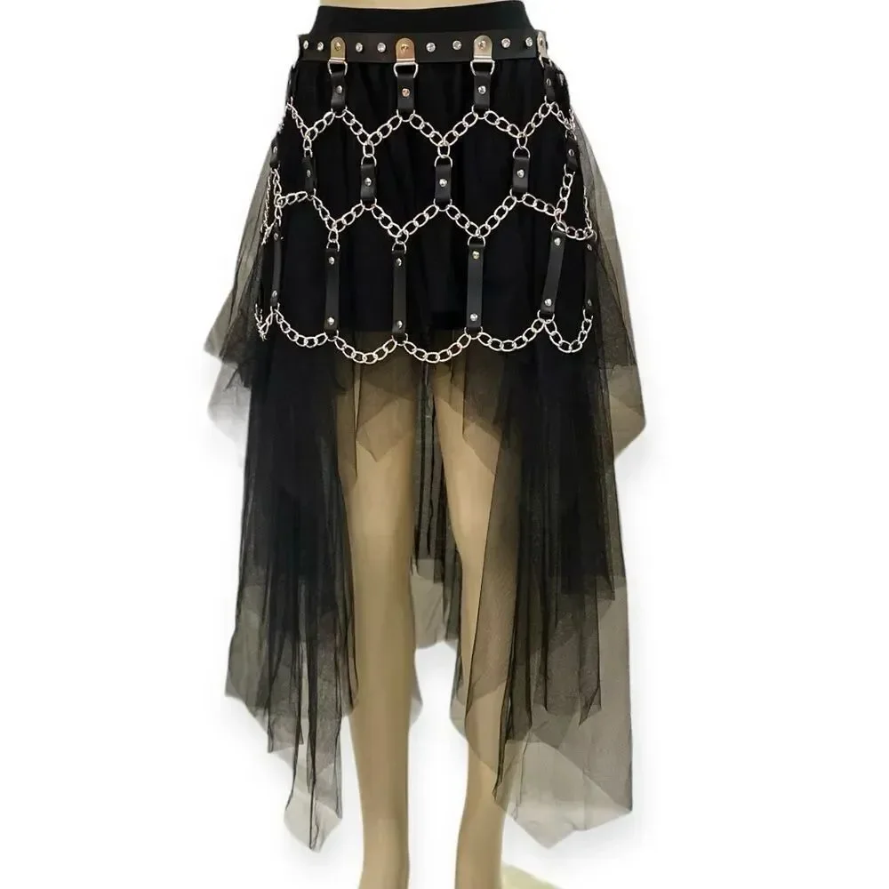 Black Leather Harness Waist Wide Skirt Chain Belt - NEW